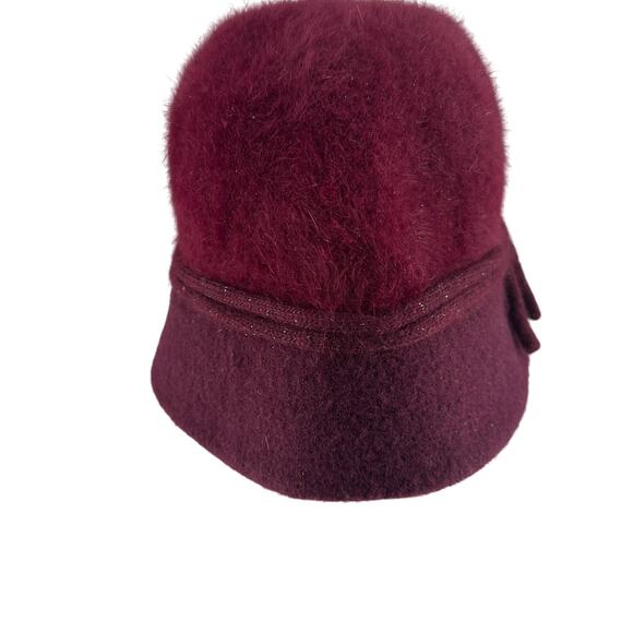 Nine West Maroon Wool Blend Rabbit Angora Bucket Hat Winter Cloche 12th man pin - Picture 2 of 7